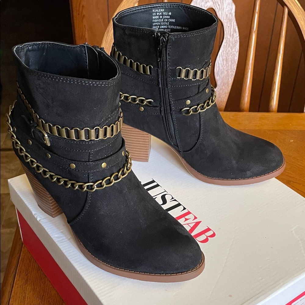 JustFab Black Ankle Boots with Gold Chain Accents
